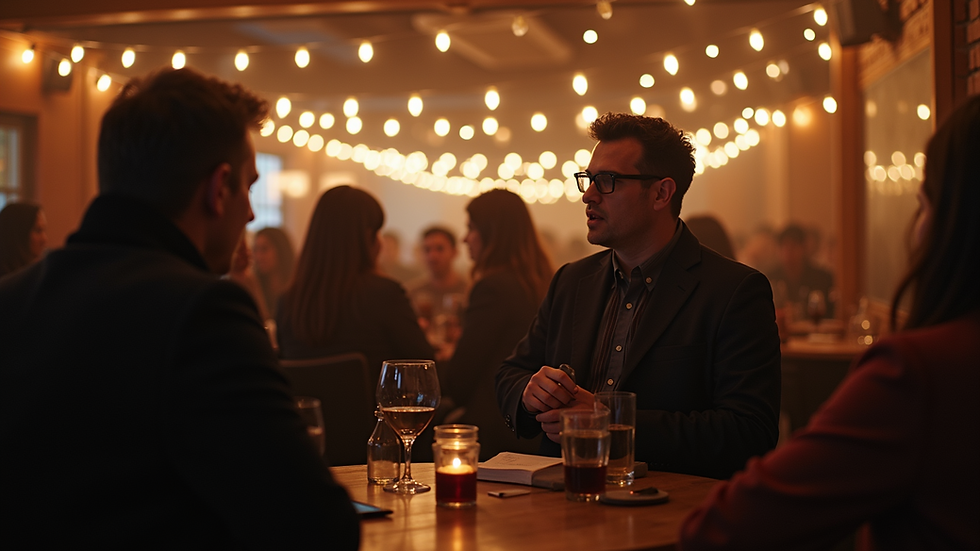 Eye-level view of a cozy event space filled with people engaging in conversation