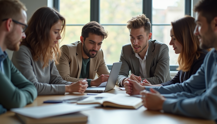 Eye-level view of a group of students collaborating around a table with books and laptops