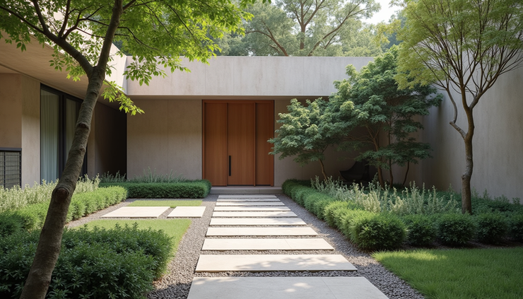 Eye-level view of a minimalist garden with muted green plants and simple stone pathways