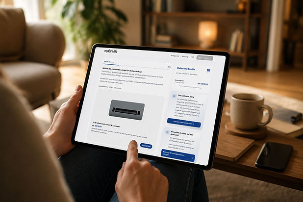 Person konfiguriert eine myBraille Braillezeile auf einem Tablet