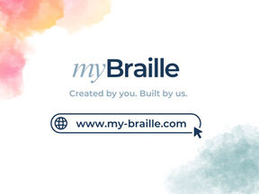 myBraille: individuell konfigurierbare Braillezeilen. Logo mit dem Slogan „Created by you. Built by us.“ und der Website www.my-braille.com
