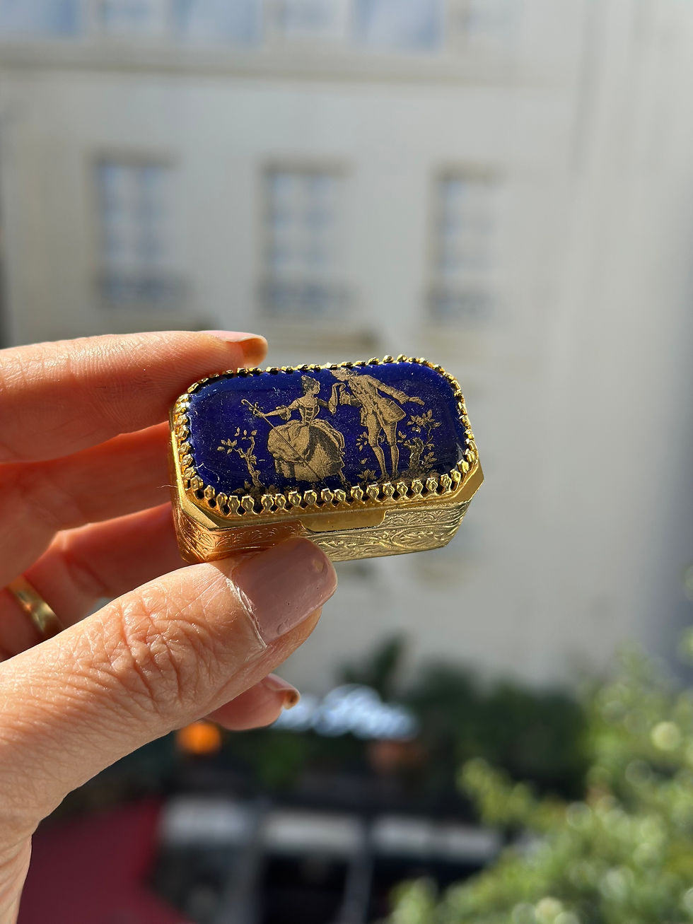 Thumbnail: Cobolt blue Porcelain with lovers courting and brass pill box