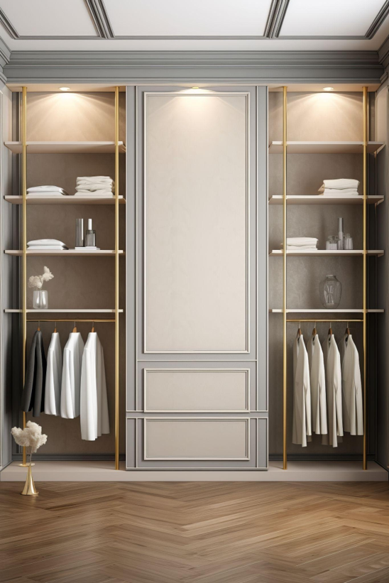 Elegant built-in closet with gold-trimmed shelves, white and beige clothes, folded towels, and warm lighting over wood floors.