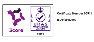 Official certification badge for 3core2 alongside UKAS Management Systems badge showing certificate number 00511