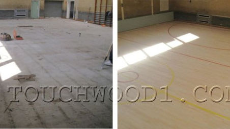 Dual view of a sports hall floor showing a worn dusty surface restored with bright clean court line markings