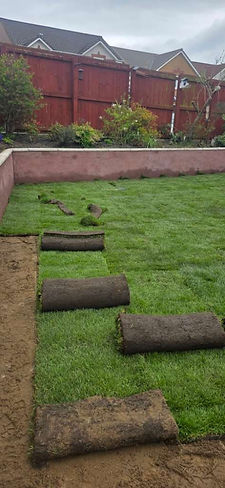 A high-angle view of unrolled and partially rolled turf grass sod strips being laid out to create a new lawn over brown topsoil.