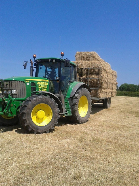Green John Deere tractor towing a flatbed trailer stacked high with square straw bales
