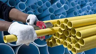 Gloved hands holding a bundle of yellow plastic utility pipes
