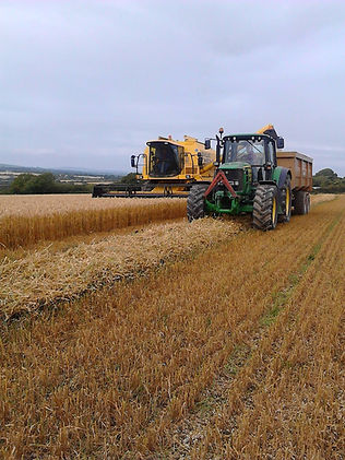 Green tractor with a trailer parked in a harvested cereal field next to a combine harvester