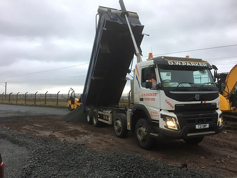 D.W. Parker tipper lorry tipping recycled aggregates on site in Ardrossan