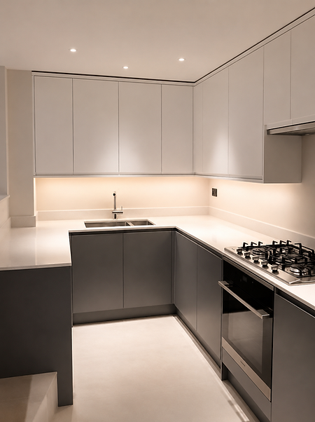 Modern two-tone kitchen featuring dark grey lower cabinets white worktops and warm under-cabinet lighting