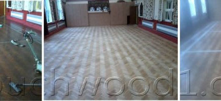 Three stage sequence showing a large hall floor during deep cleaning sanding and applying white court line markings