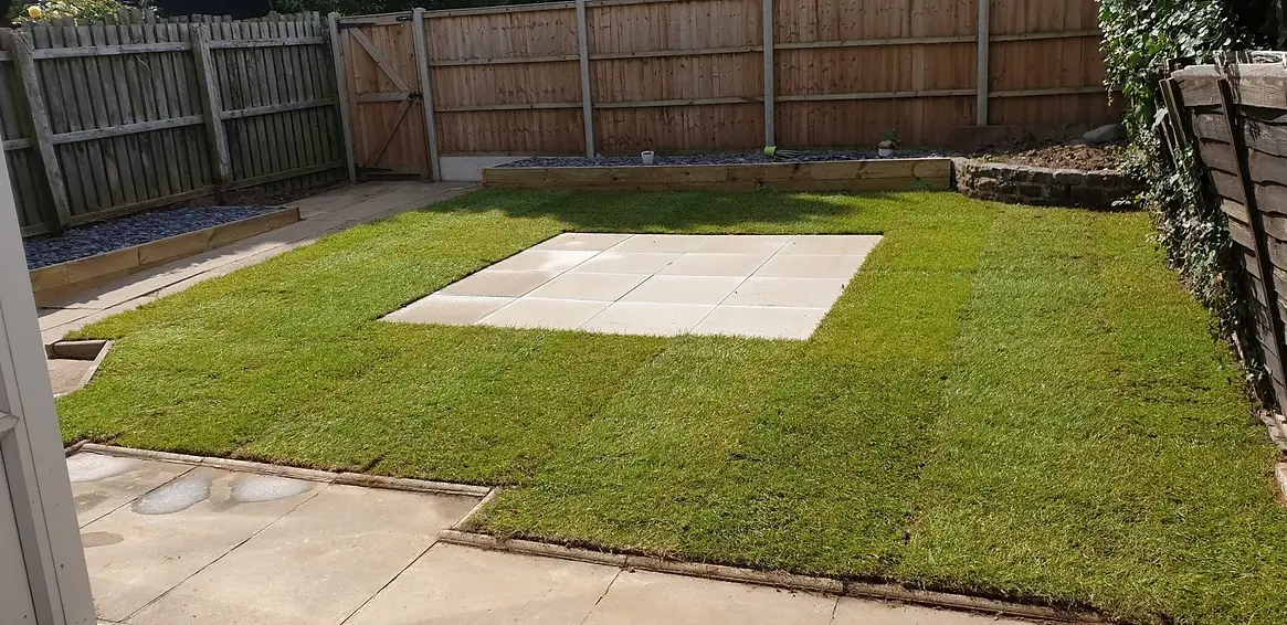 backyard with a square concrete patio in the center