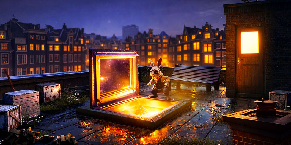 A bunny standing on his two legs on a rooftop about to jump into a glowing skylight.