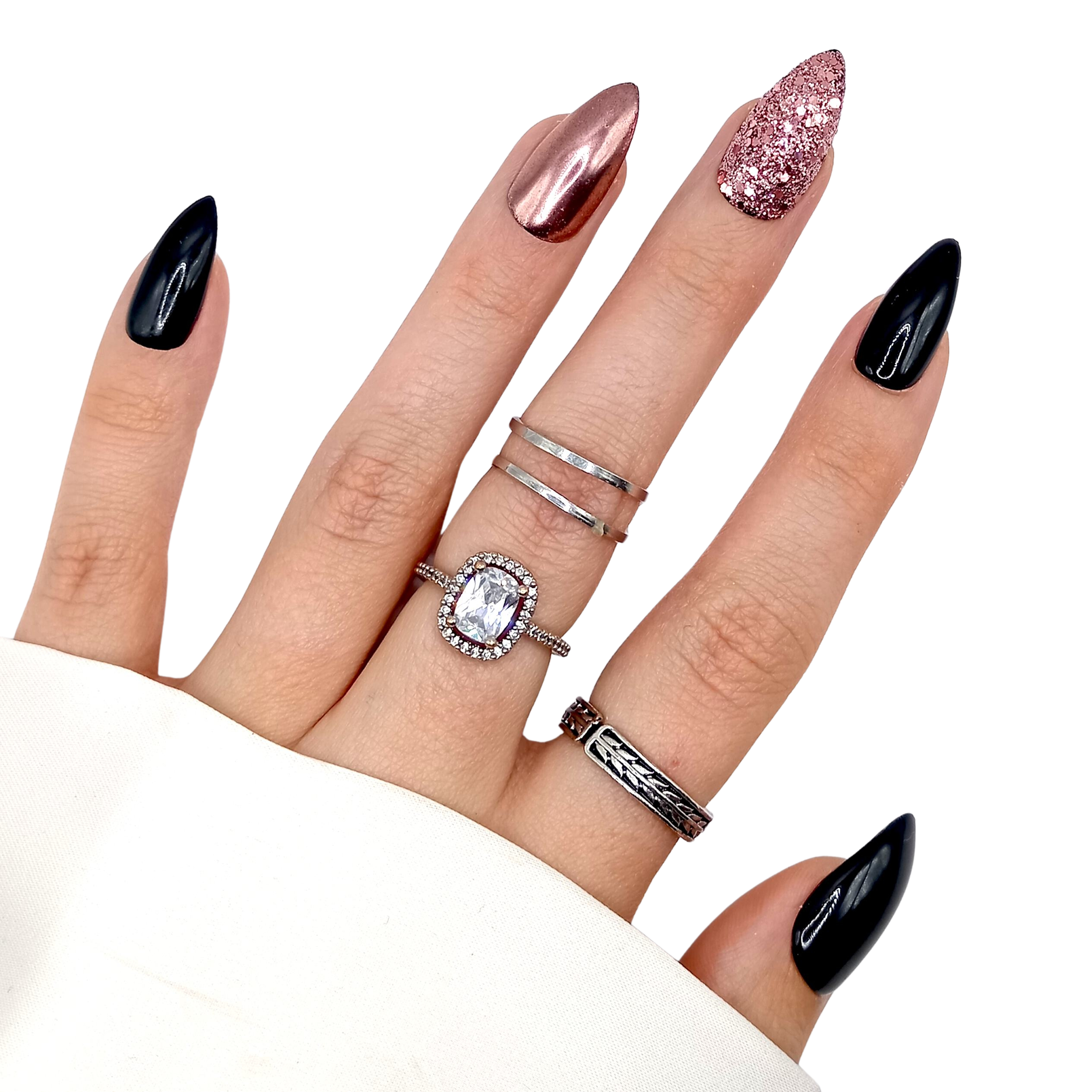 B-183 - Medium Stiletto - Zwart met roze chrome glitter - Basics