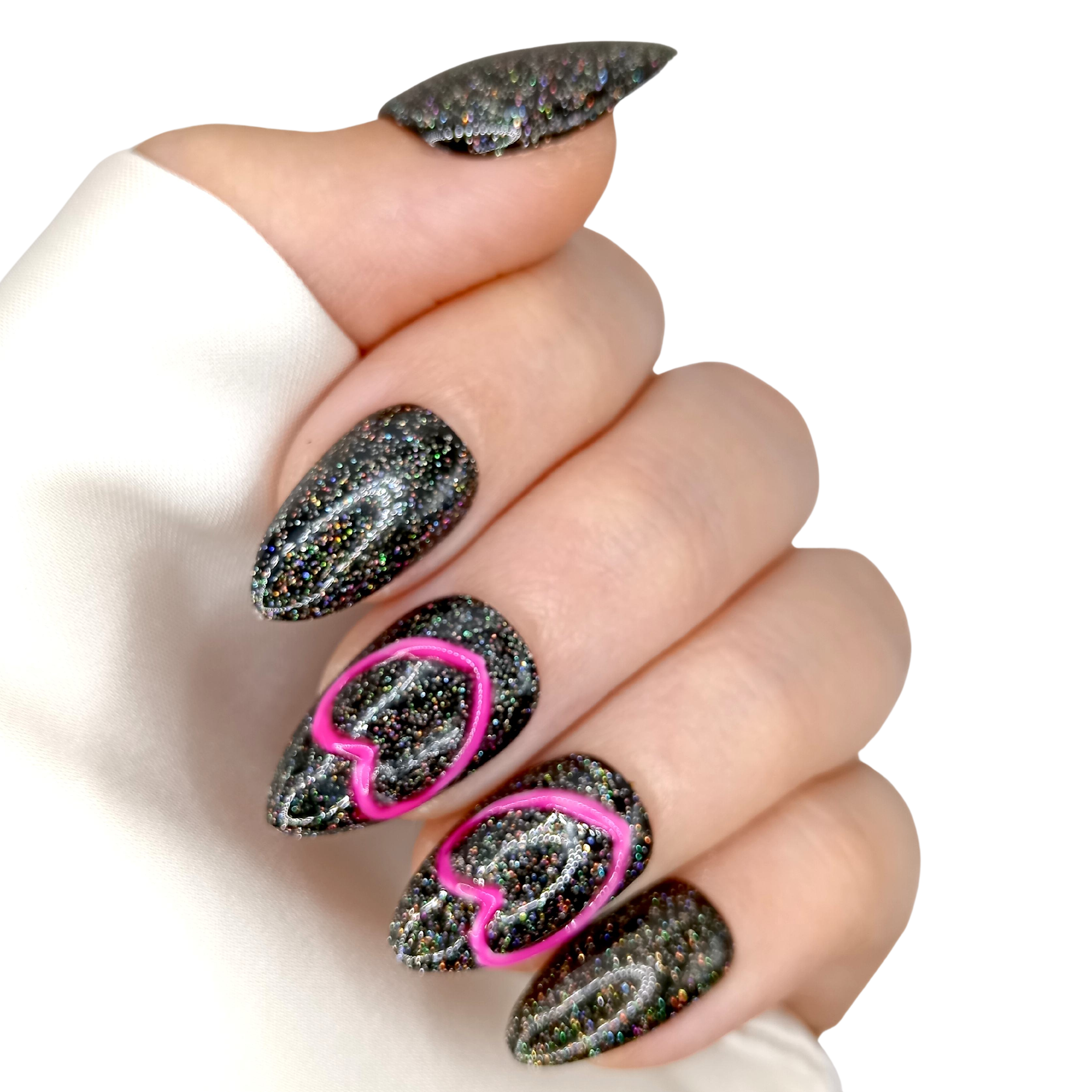 No. 44 Electric Heart - Medium Stiletto Type 2 - Zwart Glitter Roze Heart