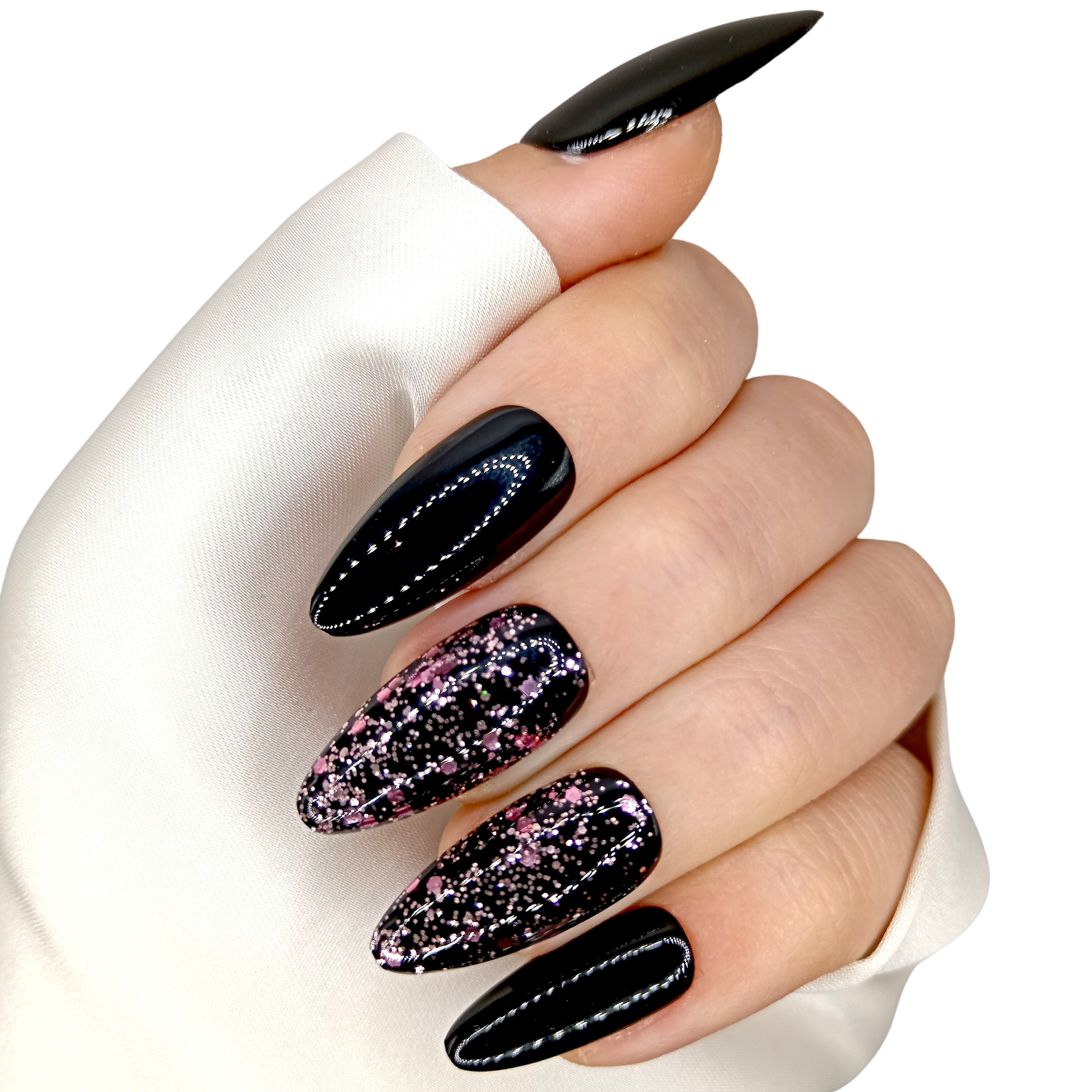 B-115 - Lang Stiletto - Zwart Roze glitter - Basics