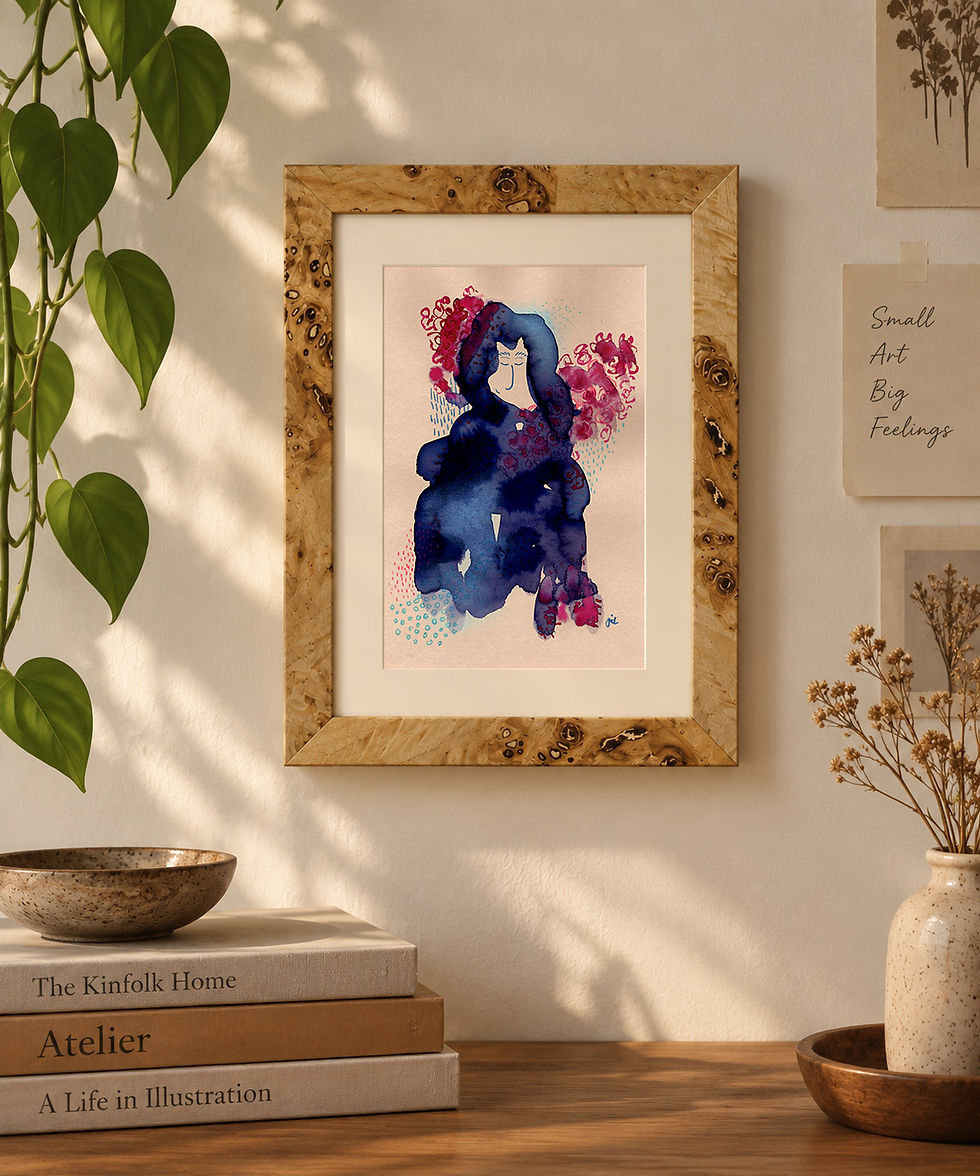 She Carries Flowers original artwork displayed on a wall in a contemporary interior