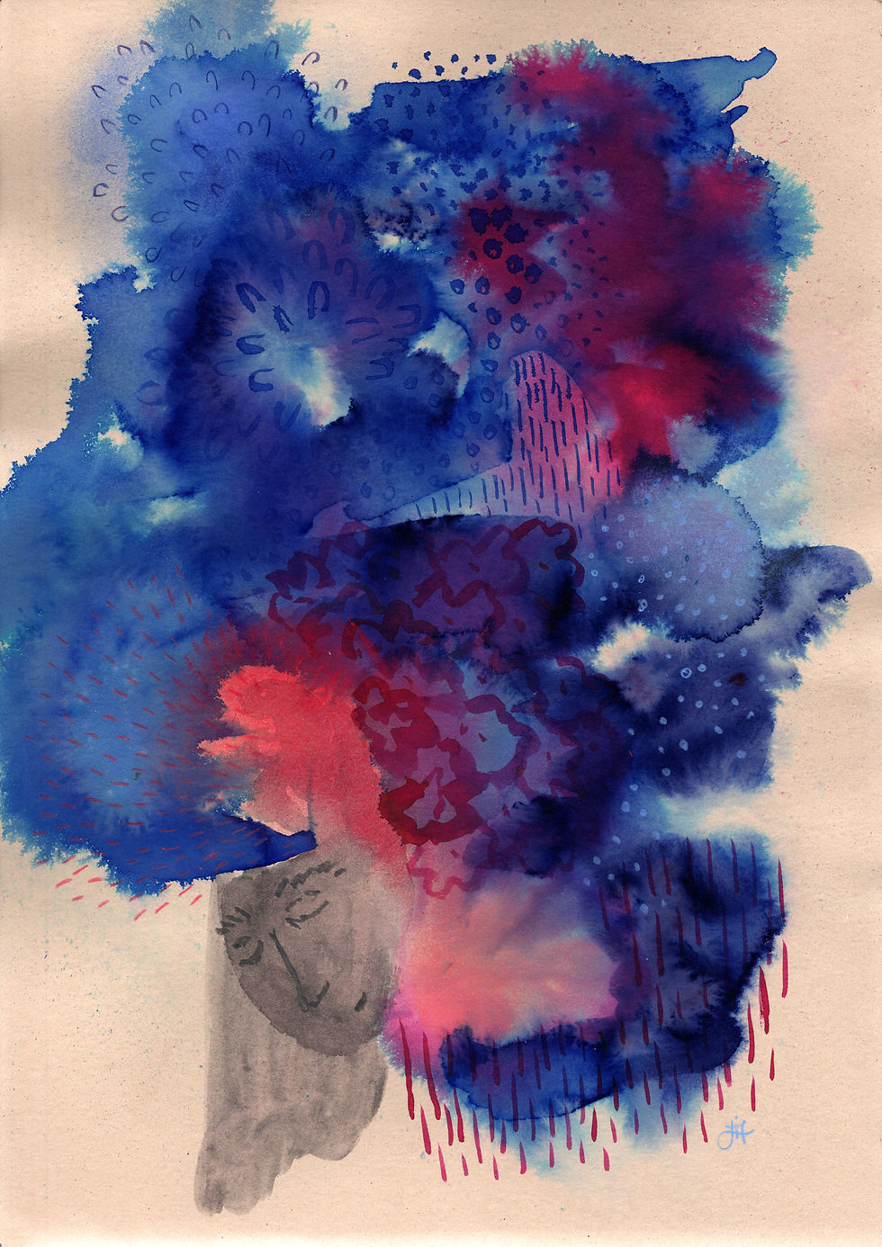 Between the Blue colourful mixed media artwork on paper by İlke Türkoral