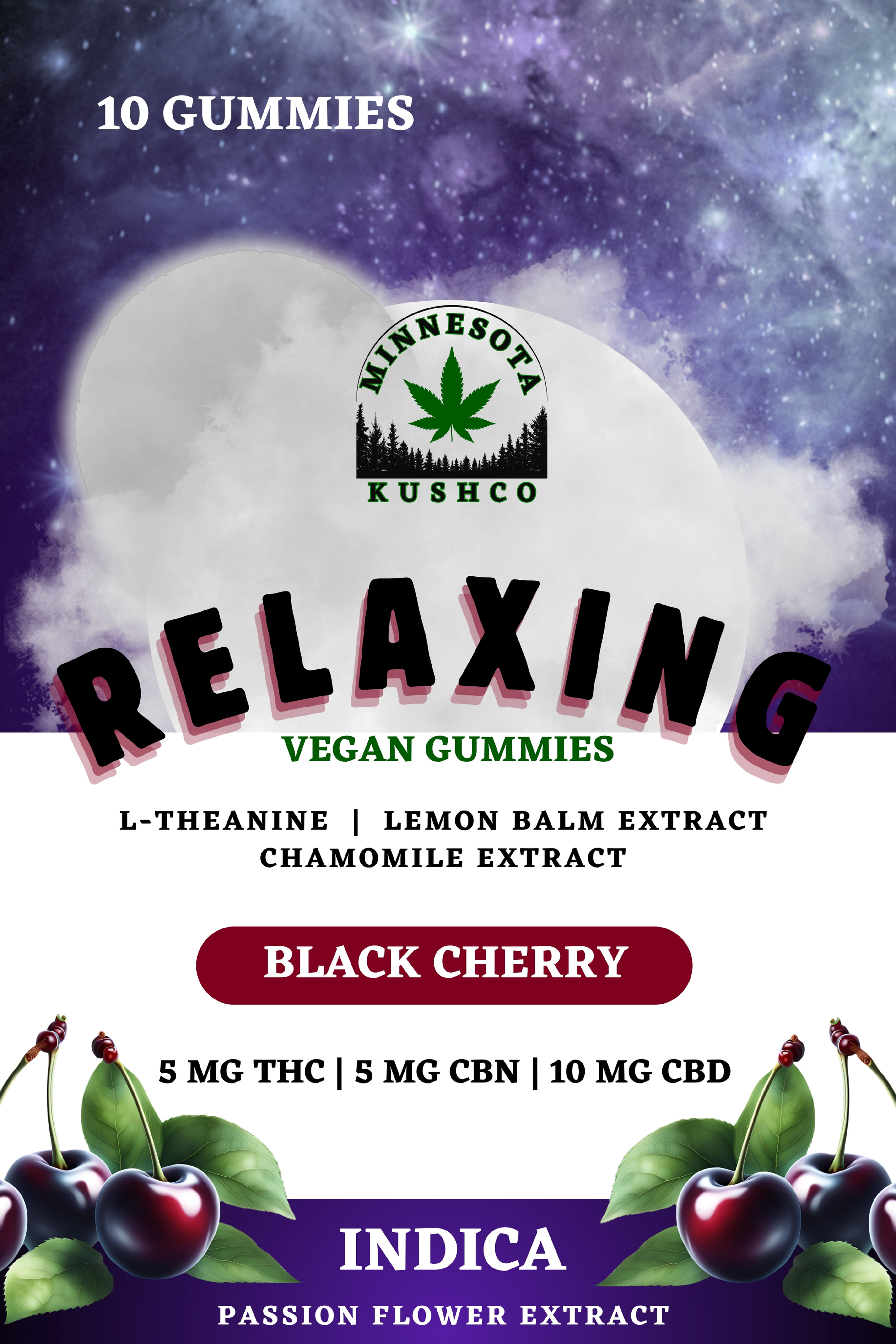 Front view of Minnesota KushCo Relaxing Black Cherry Vegan Gummies package.