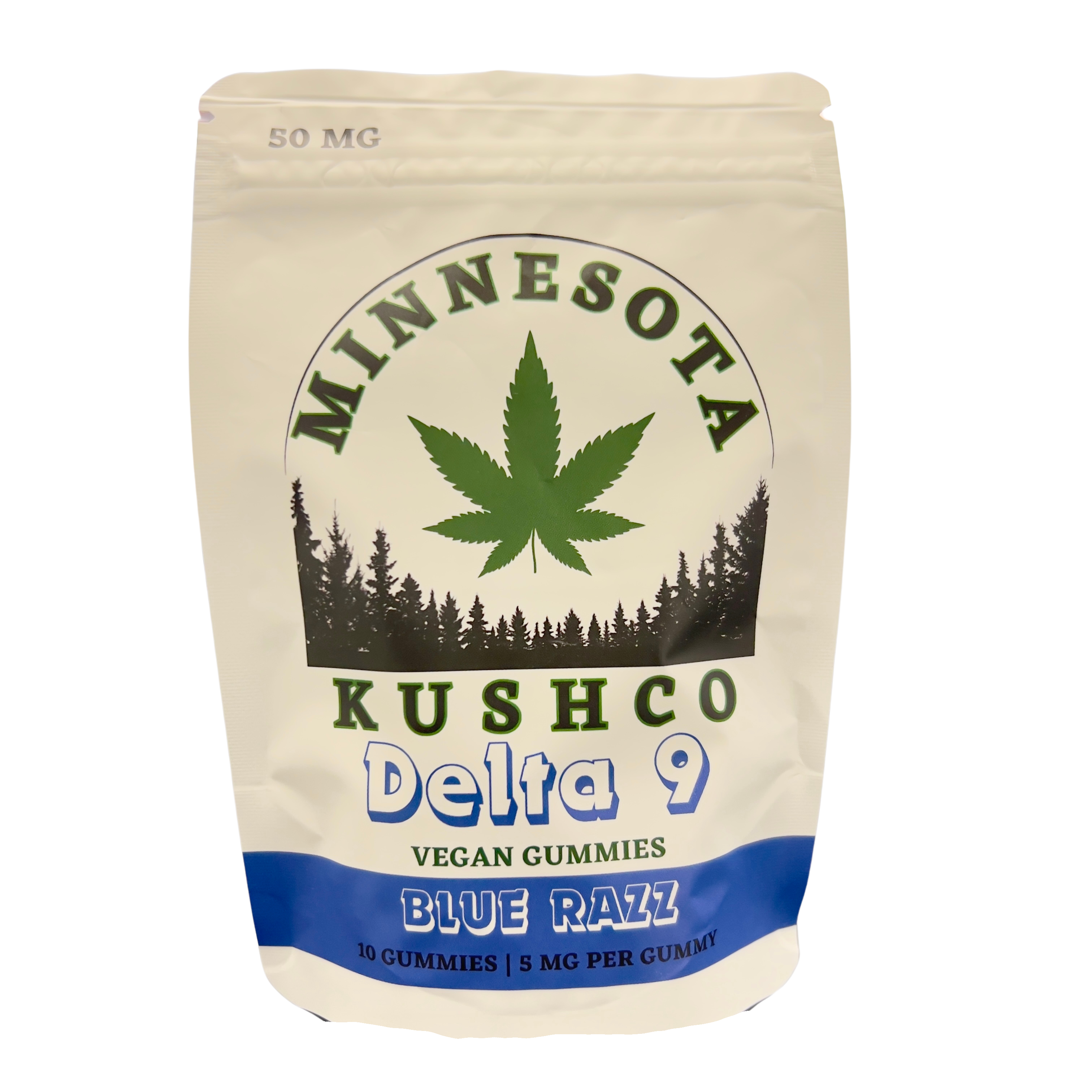 Minnesota KushCo Delta 9 Vegan Gummies in Blue Razz Flavor, 50 mg package with 5 mg per gummy