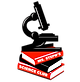 Ms. Steph's Science Club logo- black microscope on top of red and white books.