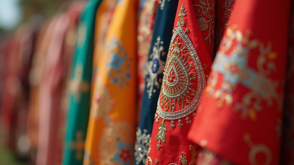 Close-up view of colorful ethnic wear displayed for festive family celebration