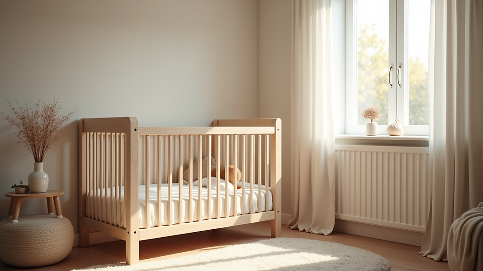 Eye-level view of a cozy nursery corner with a crib and soft lighting