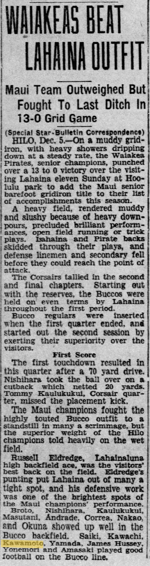 A newspaper clipping about Charles "Sparky" Kawamoto playing good football on the Waiakea Pirates barefoot football team with the headline 'Waiakeas Beat Lahaina Outfit.'