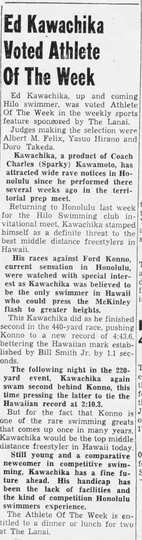 A newspaper clipping about Sparky Kawamoto coaching Ed Kawachika with the headline 'Ed Kawachika Voted Athlete of the Week.'