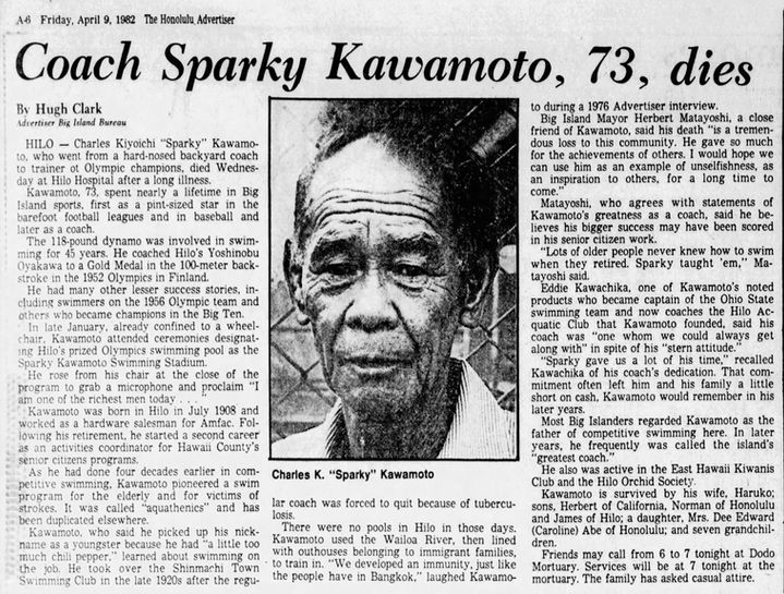 A newspaper clipping of Charles "Sparky" Kawamoto's obituary with the headline 'Coach Sparky Kawamoto, 73, Dies.'