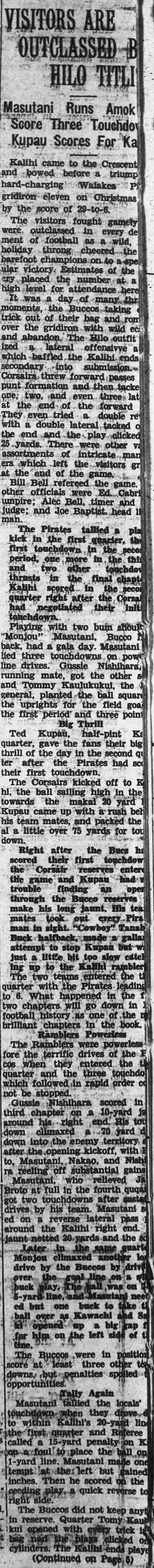 News article about the Waiakea Pirates barefoot football team defeating a Honolulu football team