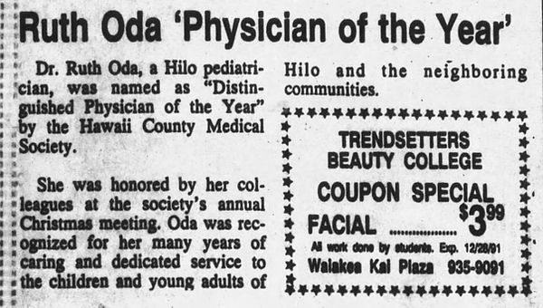 A newspaper clipping about Dr. Ruth Oda being named Distinguished Physician of the Year with the headline 'Ruth Oda 'Physician of the Year.'