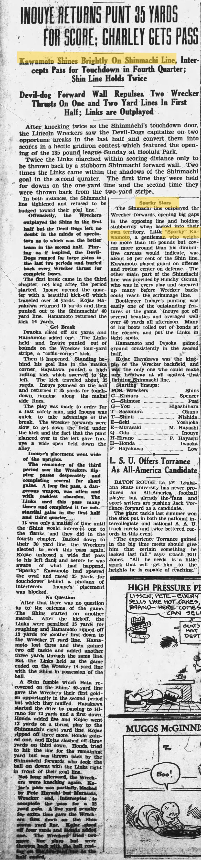 A newspaper clipping about Charles "Sparky" Kawamoto starring on the Hilo Shinmachi Devil Dogs barefoot football team with the headline 'Inouye Returns Punt 35 Yards for Score; Charley Gets Pass.'