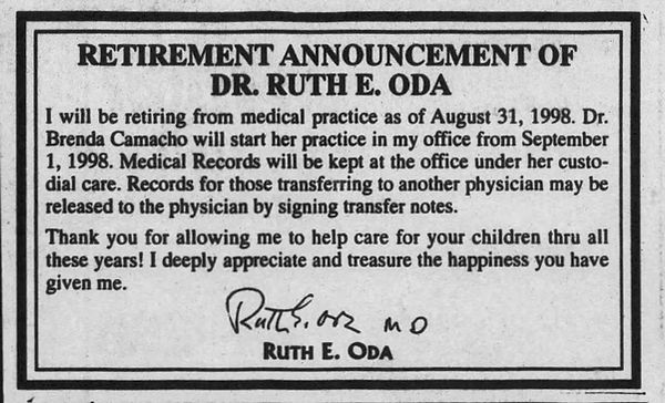 A newspaper clipping announcing the retirement of Dr. Ruth E. Oda with the headline 'Retirement Announcement of Dr. Ruth E. Oda.'