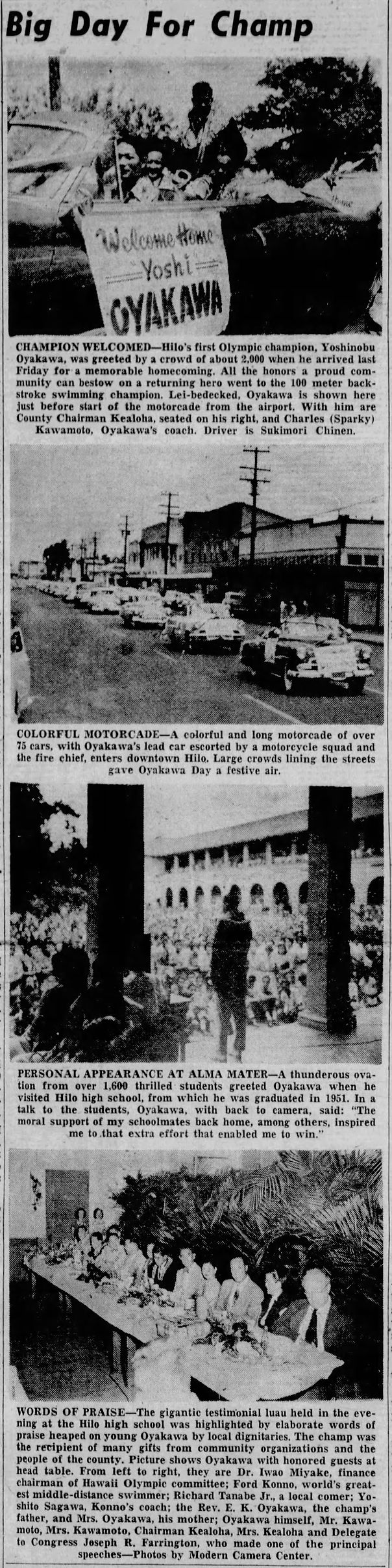 A newspaper clipping about Hilo's first Olympic Gold Medalist, Yoshi Oyakawa, with the headline 'Big Day for Champ' with a photo of Oyakawa and Sparky Kawamoto in the convertible before the motorcade.