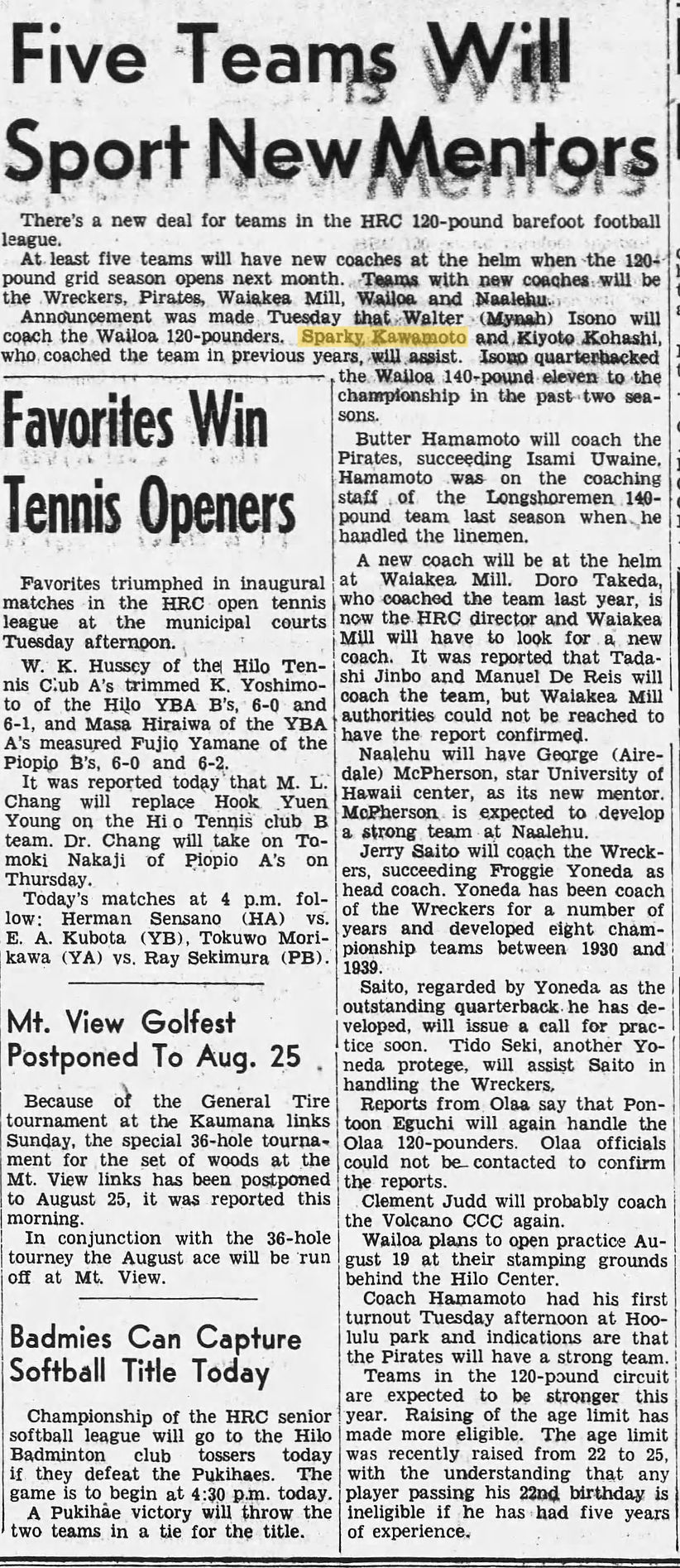 A newspaper clipping about Charles "Sparky" Kawamoto stopping coaching the Wailoas barefoot football team with the headline 'Five Teams Will Sport New Mentors.'
