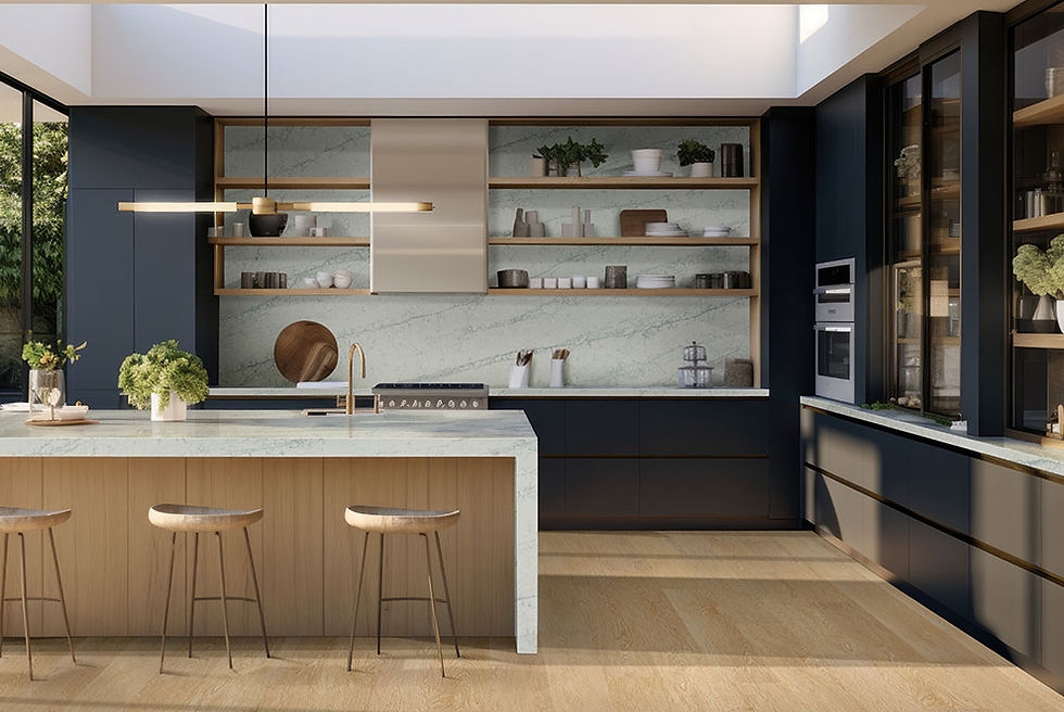 A modern kitchen with navy and wood cabinetry. Hood focal point and a beautiful quartz as countertop and backsplash