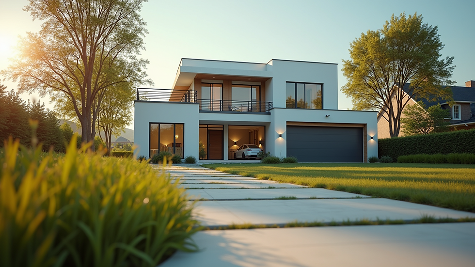 Eye-level view of a modern home in a suburban neighborhood