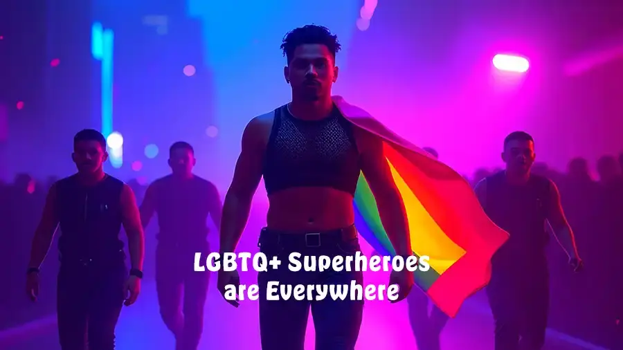 ): A man strides confidently through a purple-fog-lit alley wearing a rainbow Pride flag as a cape; white text overlay reads “gay superheroes are everywhere.”