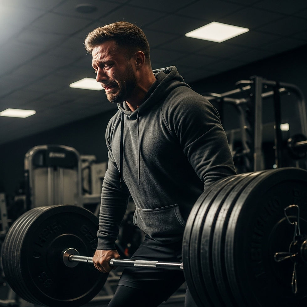 A man crying while deadlifting in a gym, symbolizing the raw emotional and physical strength of gay men resilience.