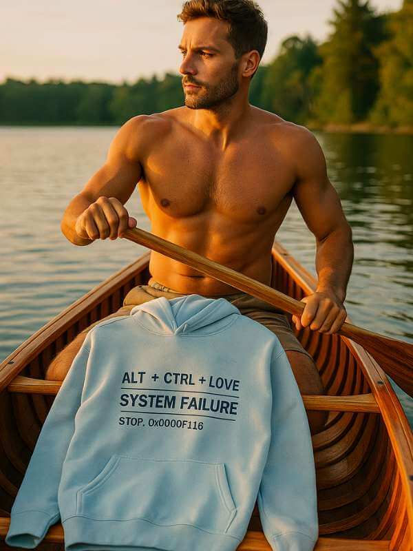 Attractive man in canoe at sunset with ctr+alt+love hoodie draped across his knees from gaymensfieldguide.com