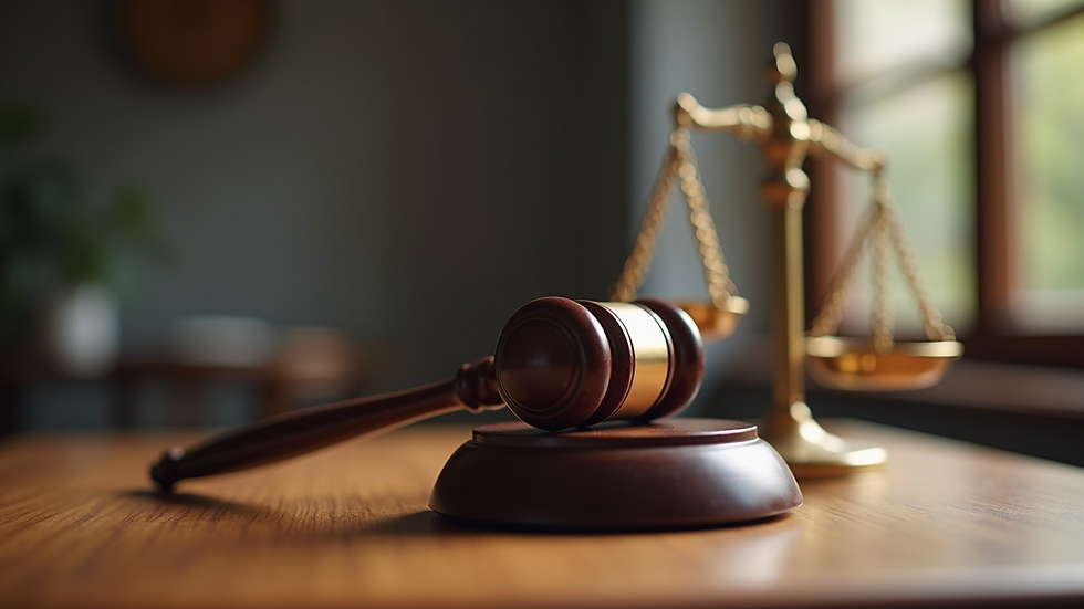 Close-up view of legal scales and a gavel on a wooden table