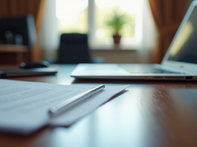 Eye-level view of a law office desk with legal documents and a laptop