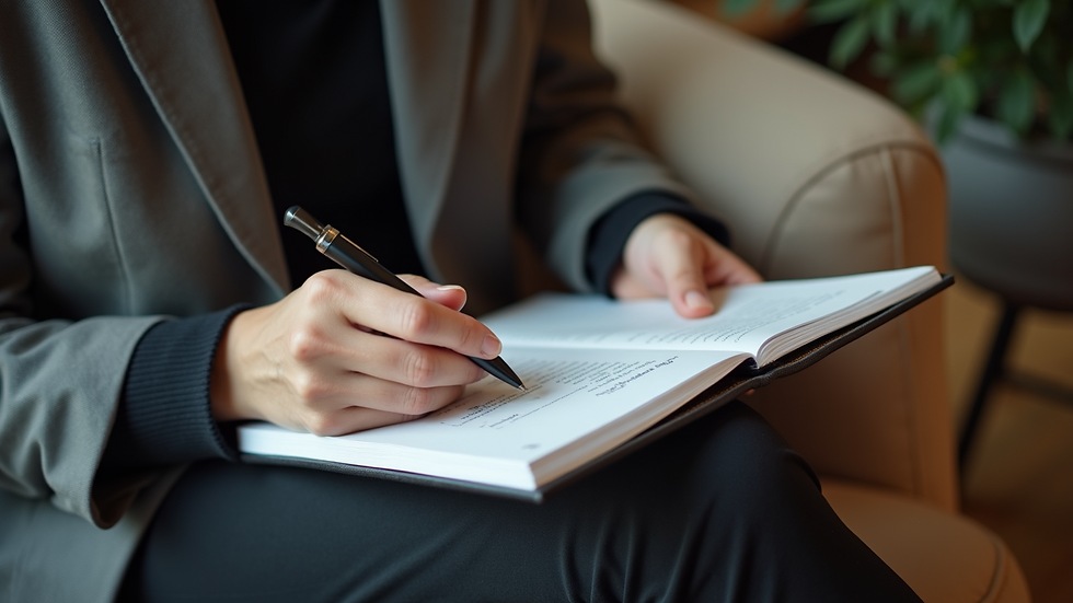 High angle view of a person holding a phone and taking notes