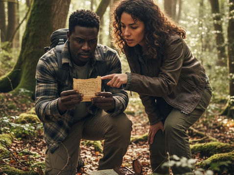 realistic_image_two_adults_looking_at_a_small_unscrolled_message_in_the_woods_as_they_look_for_the__hkbkgqfago2hf5cp8iu6_0