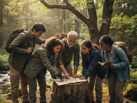 hyper_realistic_photo_of_a_group_of_young_and_older_adults_looking_at_a_small_map_in_the_woods_as_t_urscf6cbvq446c8aaawz_0