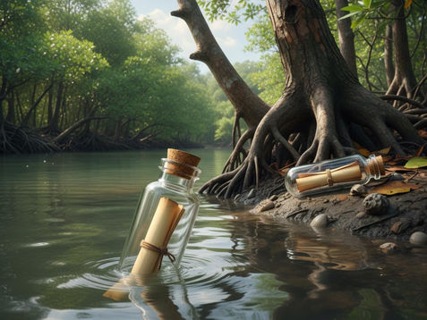 realistic_image_of_a_scrolled_up_message_inside_a_completely_clear_small_bottle_with_a_cork_top_flo_e30jnje3ya34wuzs54wm_1