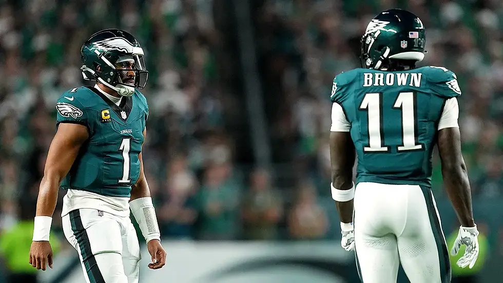 AJ Brown giving Hurts a look after catching just 1 pass for 8 yards and 0 pts.