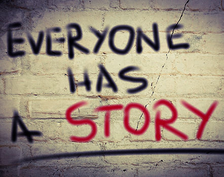 Everyone has a story text on a white brick wall background.